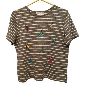 Vintage Peter Popovich Gray Striped Embroidered  Short Sleeve Sweater‎